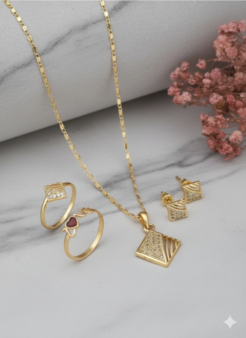 Trendy Gold Plated Brass Alloy Multicolor Pendant Necklace, Chain, Earring & Ring Set by Modnkart