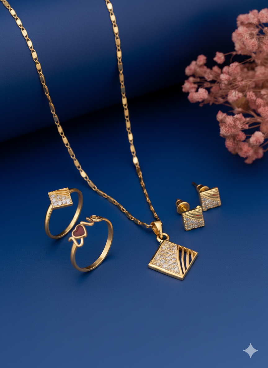 Trendy Gold Plated Brass Alloy Multicolor Pendant Necklace, Chain, Earring & Ring Set by Modnkart