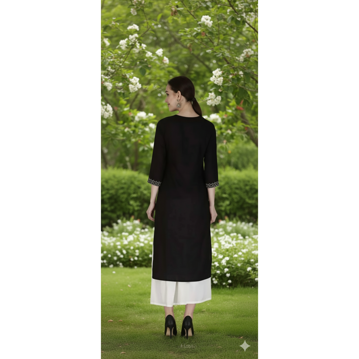 Elegant Black Embroidered Rayon A-line Kurti with Three-Quarter Sleeves