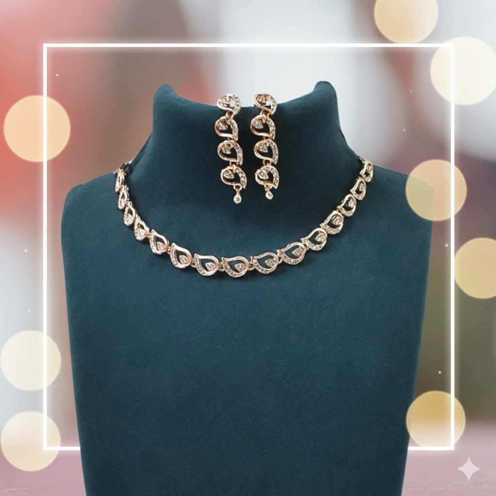 Sparkling Rose Gold-Toned Crystal Necklace and Earring Set for Women