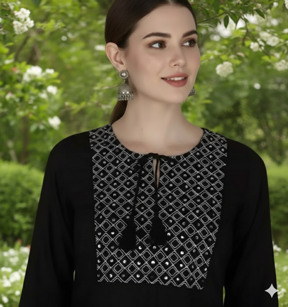 Elegant Black Embroidered Rayon A-line Kurti with Three-Quarter Sleeves