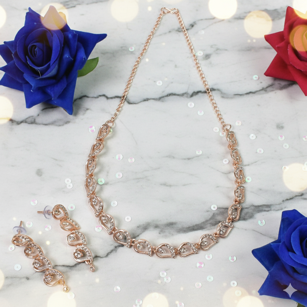 Sparkling Rose Gold-Toned Crystal Necklace and Earring Set for Women