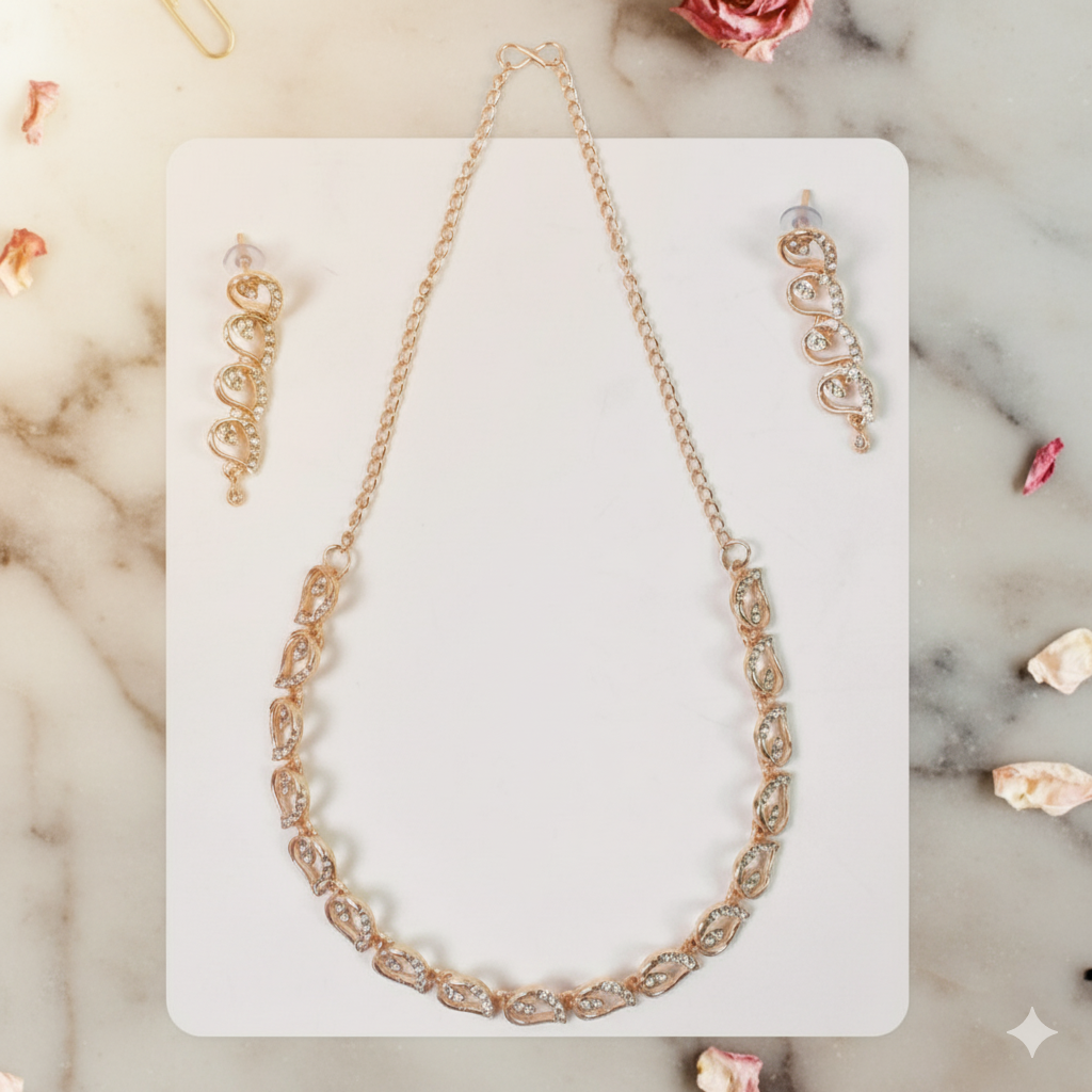 Sparkling Rose Gold-Toned Crystal Necklace and Earring Set for Women