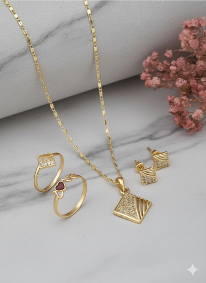 Trendy Gold Plated Brass Alloy Multicolor Pendant Necklace, Chain, Earring & Ring Set by Modnkart