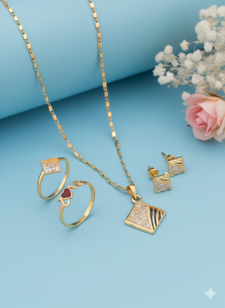 Trendy Gold Plated Brass Alloy Multicolor Pendant Necklace, Chain, Earring & Ring Set by Modnkart