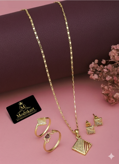 Trendy Gold Plated Brass Alloy Multicolor Pendant Necklace, Chain, Earring & Ring Set by Modnkart