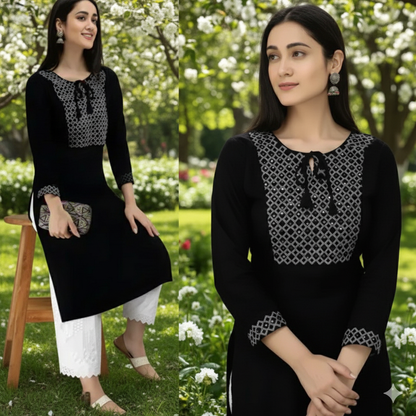 Elegant Black Embroidered Rayon A-line Kurti with Three-Quarter Sleeves