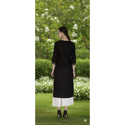 Elegant Black Embroidered Rayon A-line Kurti with Three-Quarter Sleeves