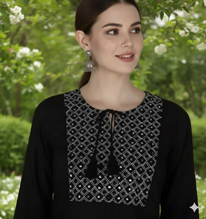 Elegant Black Embroidered Rayon A-line Kurti with Three-Quarter Sleeves